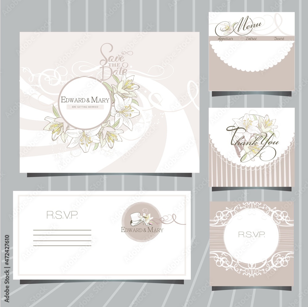 wedding invitation card with lily flowers, rsvp design, menu card wedding invitation card with lily flowers, rsvp design, menu card