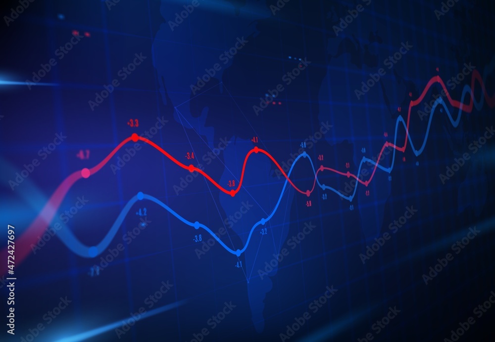 Naklejka premium Financial data analytics graph. Business forecast, graphs on world map. Vector infographics with stock value, markets indexes fluctuations. Global economy, trade and investment info visualization