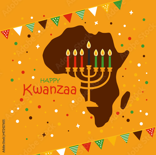 Vector card of celebration Happy Kwanzaa. Holiday symbols on yellow background in african map.