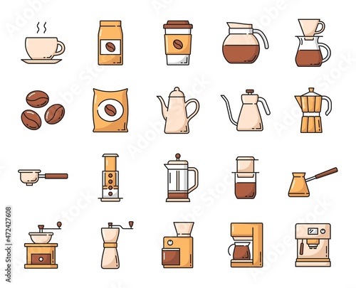 Coffee drink line icons set. Steaming hot coffee cup, beans bag and moka pot, manual and power coffee grinders, espresso and drip machine, turkish cezve, french and american press outline pictogram