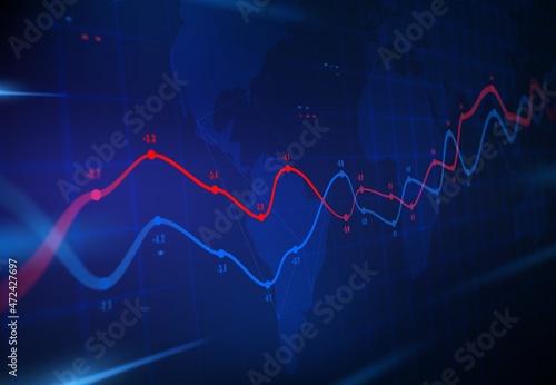 Financial data analytics graph. Business forecast, graphs on world map. Vector infographics with stock value, markets indexes fluctuations. Global economy, trade and investment info visualization