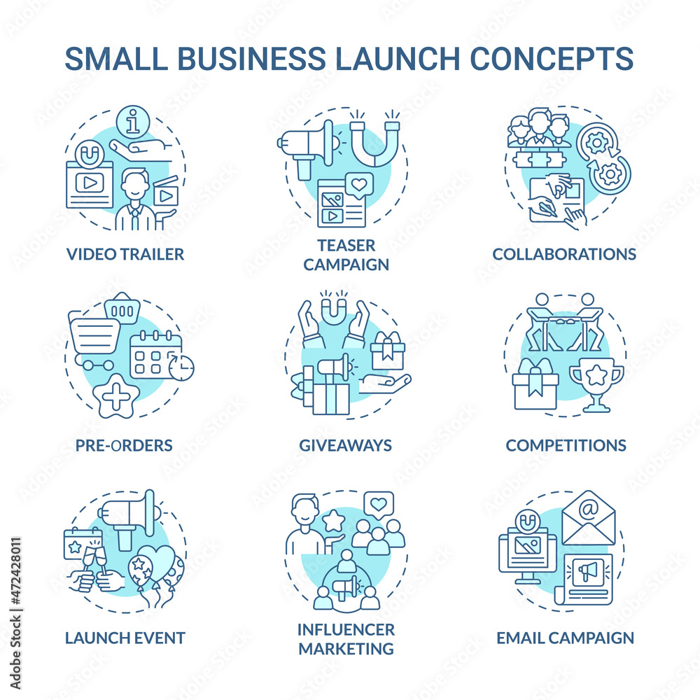 Business launch concept icons set. Modern project and service startup boosting. Marketing and business strategy idea thin line color illustrations. Vector isolated outline drawings Business launch concept icons set. Modern project and service startup boosting. Marketing and business strategy idea thin line color illustrations. Vector isolated outline drawings