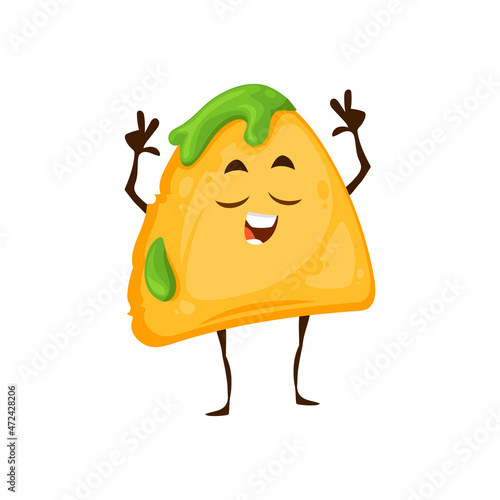 Mexican nachos chips character, cartoon vector tex mex food. Happy funny chips piece in guacamole sauce sing and show victory gesture. Mexico meal character isolated on white