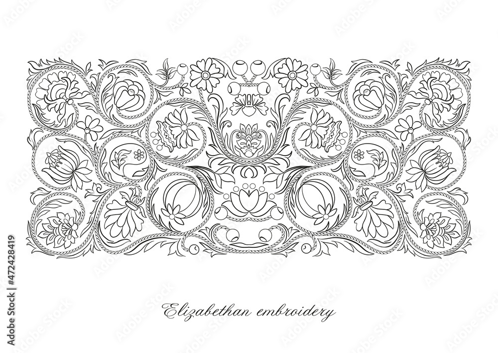 Fantasy flowers in retro, vintage, embroidery style. Element for design. Outline hand drawing vector illustration.