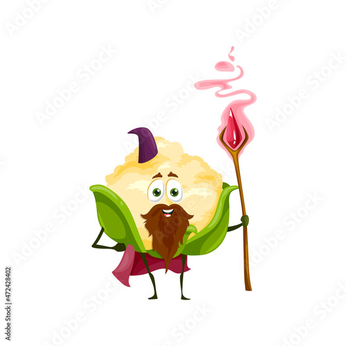 Cauliflower vegetable cartoon wizard character, vector funny magician hold magic staff with red crystal. Wiz or sorcerer with beard and mustaches wear hat and cape. Isolated smiling veggies mage