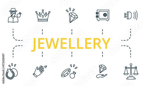 Jewellery icon set. Collection of simple elements such as the crown, silver cutlery, 13, signaling, jewelry insurance, ring fitting.