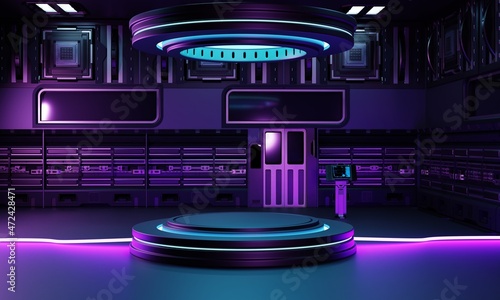 Fototapeta Naklejka Na Ścianę i Meble -  Inside spaceship laboratory interior architecture and empty podium for cyberpunk product presentation. Technology and Sci-fi concept. 3D illustration rendering