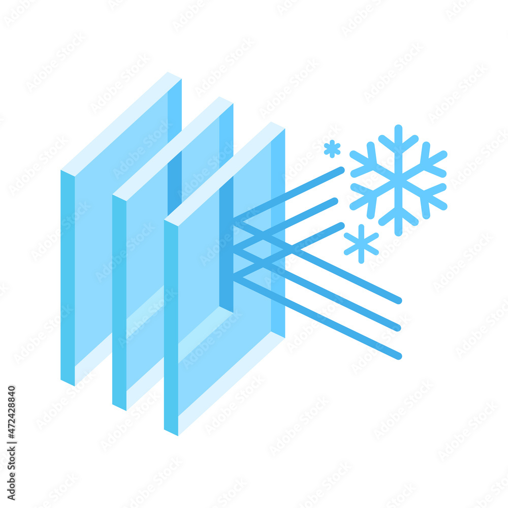 Fototapeta premium Cold protection with glass layers. Cross section double glazed window. Infographics showing properties.
