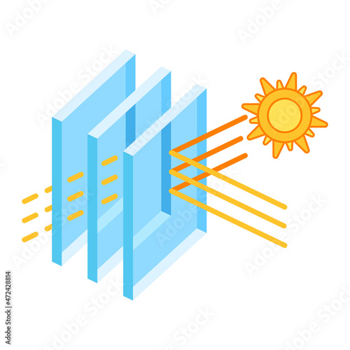 Sun protection with glass layers. Cross section double glazed window. Infographics showing properties.