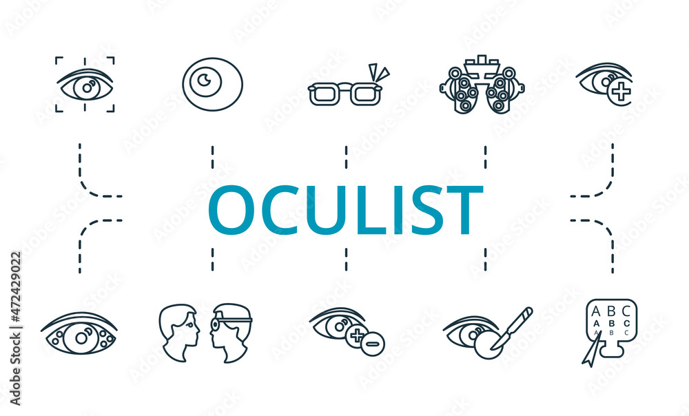 Oculist icon set. Collection of simple elements such as the glasses, blindness, 13, vision correction, astigmatism, cataract surgery.