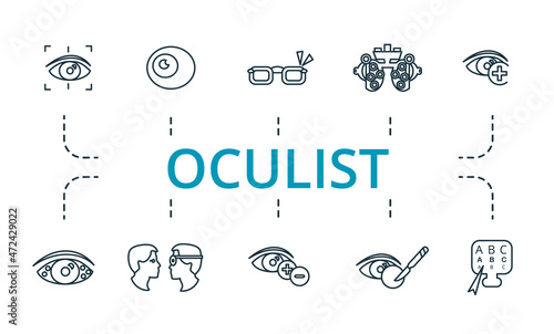 Oculist icon set. Collection of simple elements such as the glasses, blindness, 13, vision correction, astigmatism, cataract surgery.