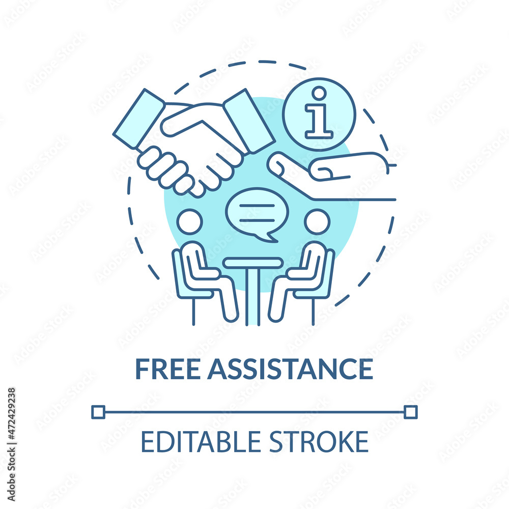 Free assistance startup concept icon. Startup development. Small business launching and growing support abstract idea thin line illustration. Vector isolated outline color drawing. Editable stroke Free assistance startup concept icon. Startup development. Small business launching and growing support abstract idea thin line illustration. Vector isolated outline color drawing. Editable stroke