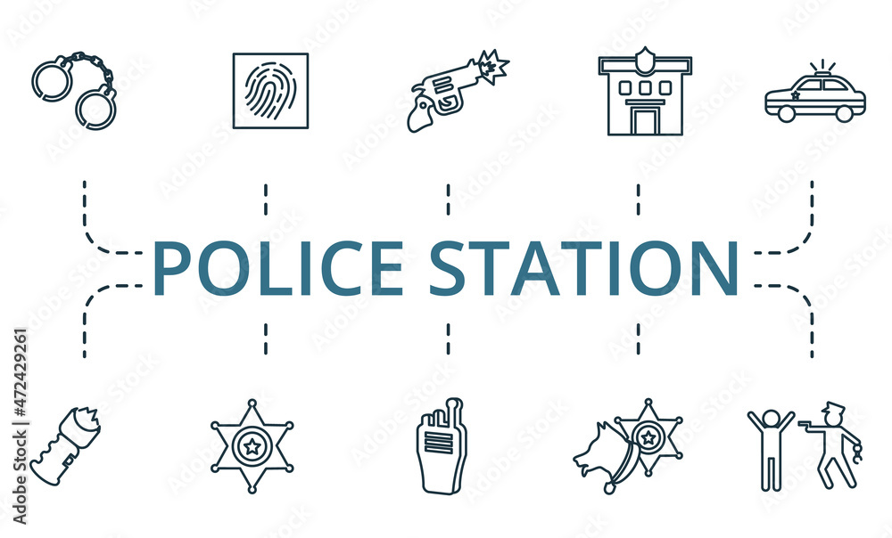 Police Station icon set. Collection of simple elements such as the pistol, arrest, police station, sheriff's badge, stun gun, police car.