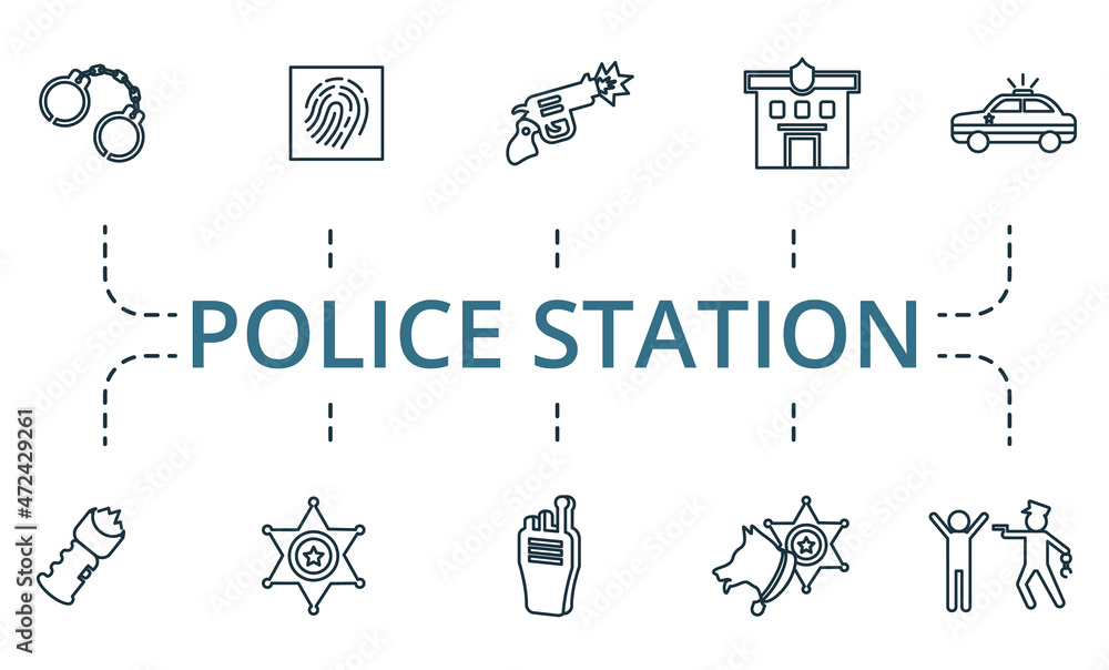 Police Station icon set. Collection of simple elements such as the pistol, arrest, police station, sheriff's badge, stun gun, police car. Police Station icon set. Collection of simple elements such as the pistol, arrest, police station, sheriff's badge, stun gun, police car.