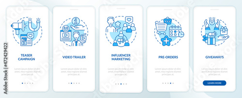 Startup advertising strategy tips onboarding mobile app page screen. Small business walkthrough 5 steps graphic instructions with concepts. UI, UX, GUI vector template with linear color illustrations