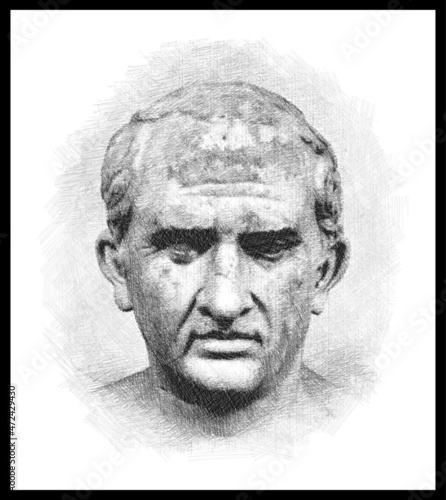 Pencil sketch drawing of the Marcus Tullius Cicero, roman statesman, lawyer, scholar, philosopher. (106 BC – 43 BC). Poster, Wall Decoration, Postcard, Banner, Brochure, Background. Vector Pattern.