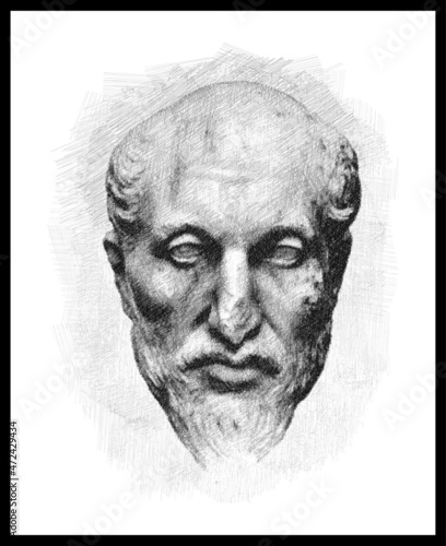 Pencil sketch drawing of the Plotinus philosopher. (c. 204/5 – 270 C.E.). Poster, Wall Decoration, Postcard, Social Media Banner, Brochure Cover Design Background. Vector Pattern.