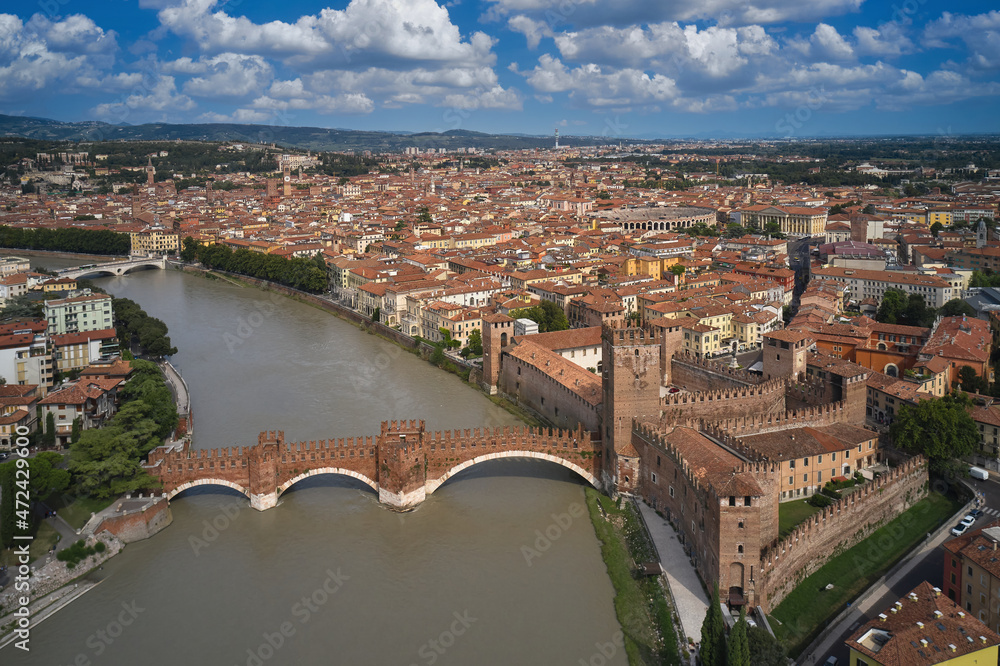 Verona, Italy aerial view of the historic city. Unesco Monument