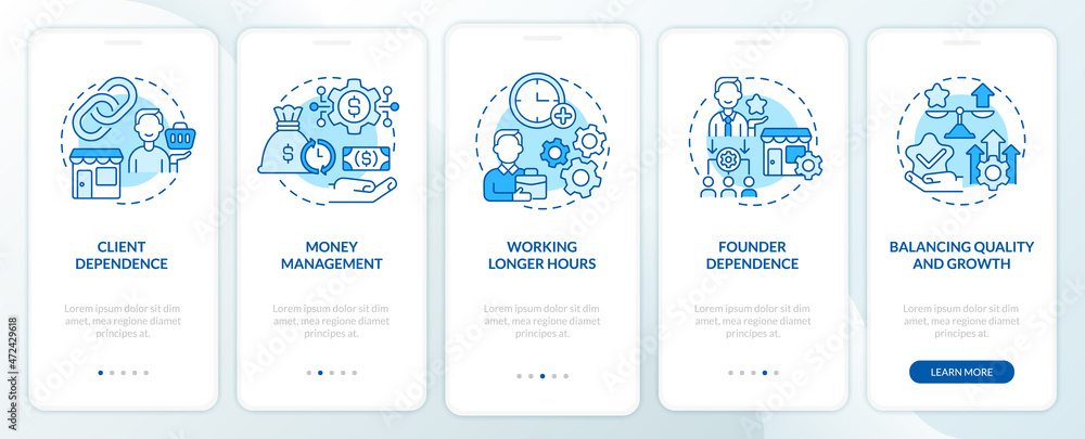 Business corporate structure tips onboarding mobile app page screen. Startup boost walkthrough 5 steps graphic instructions with concepts. UI, UX, GUI vector template with linear color illustrations