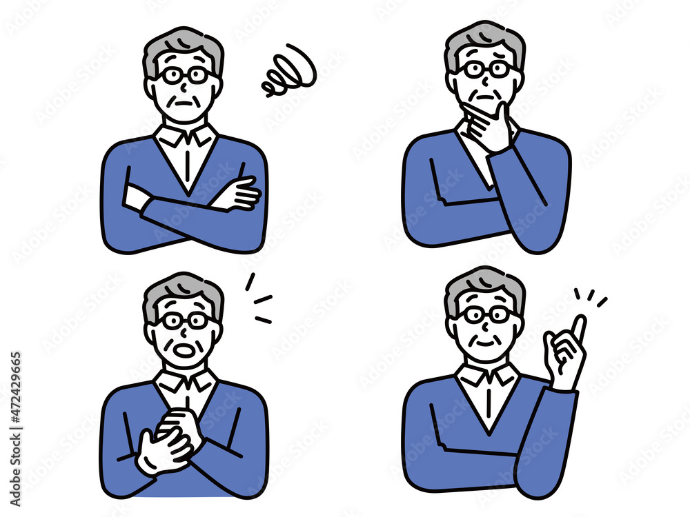 疑問と問題の解決を表情で表す男性のイラスト(ソーシャルメディア、発見、シニア世代、閃き、考える、理解する、悩む) An illustration of a man who expresses questions and problems with his expression.Social media, senior generation, thinking, worrying. 疑問と問題の解決を表情で表す男性のイラスト(ソーシャルメディア、発見、シニア世代、閃き、考える、理解する、悩む) An illustration of a man who expresses questions and problems with his expression.Social media, senior generation, thinking, worrying.