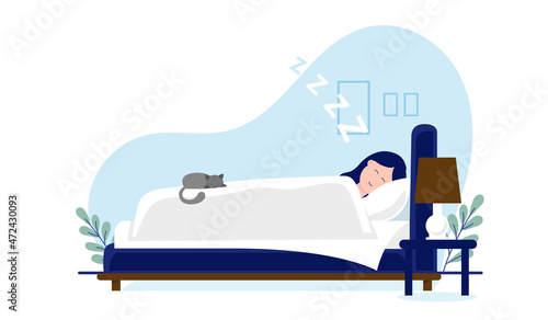 Fotografiet Woman sleeping in bed - vector illustration of female person lying in bedroom sn