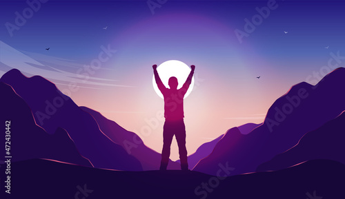 Male personal triumph - Man standing with hands raised on mountain, feeling happy after achieving life goal. Success and winner concept. Vector illustration