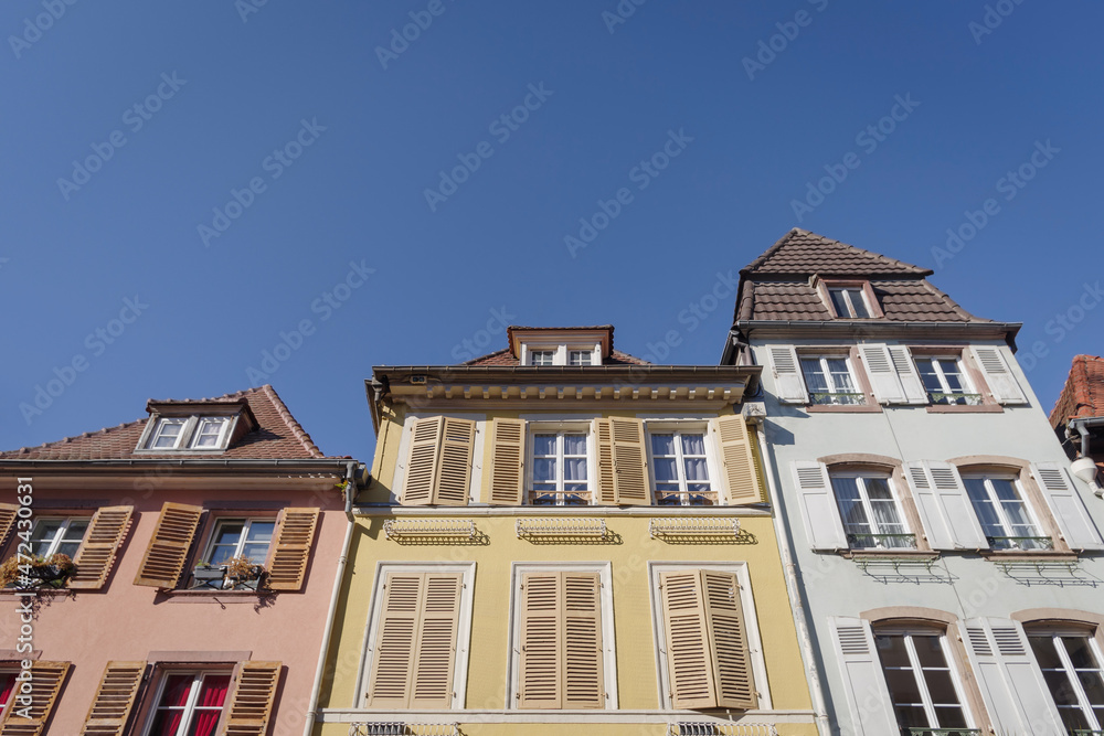 Facade of half timbered houses in Colmar, France