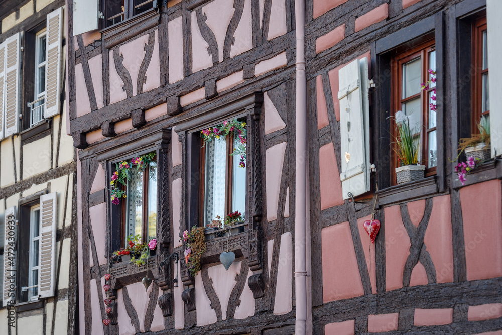 Traditional facades of historic houses in Colmar old town, north-eastern France