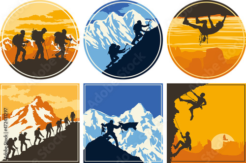 Foto Mountaineer and free climber silhouette landscape label vector collection