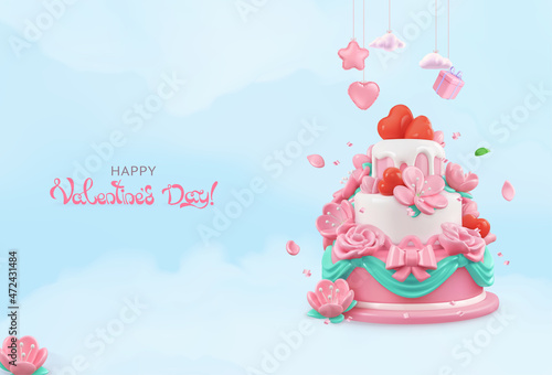 Happy Valentines day poster. 3d realistic render vector illustration