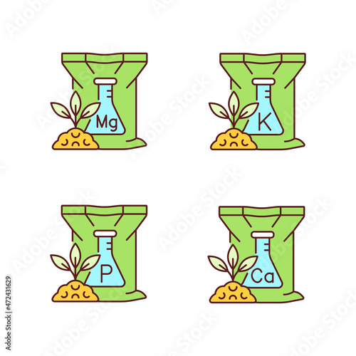 Chemical fertilizer RGB color icons set. Inorganic supplements for ground and plants. Rich in magnesium, calcium. Isolated vector illustrations. Simple filled line drawings collection. Editable stroke