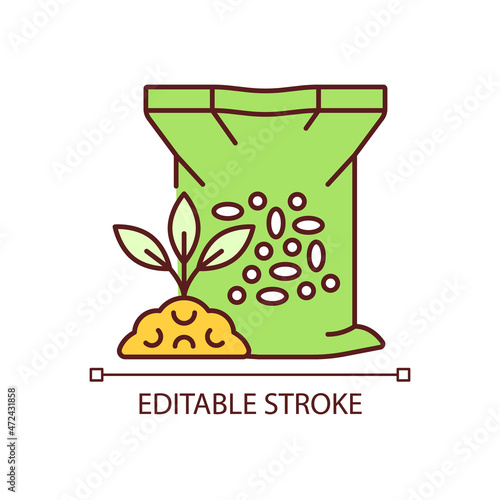Granular fertilizer RGB color icon. Plants growth increasing. Grass and crops nourishment. Supplements, minerals for ground. Isolated vector illustration. Simple filled line drawing. Editable stroke