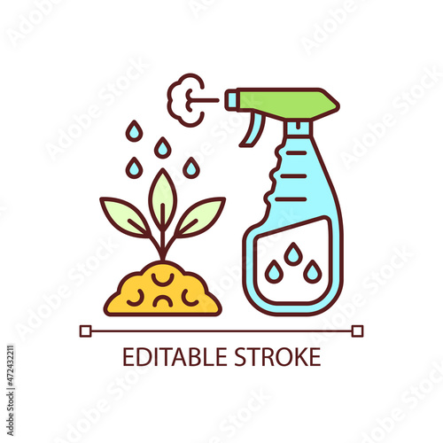 Spray fertilizer RGB color icon. Liquid substance for plant leaves. Foliar supplement. Pesticide spraying. Nourish additive. Isolated vector illustration. Simple filled line drawing. Editable stroke