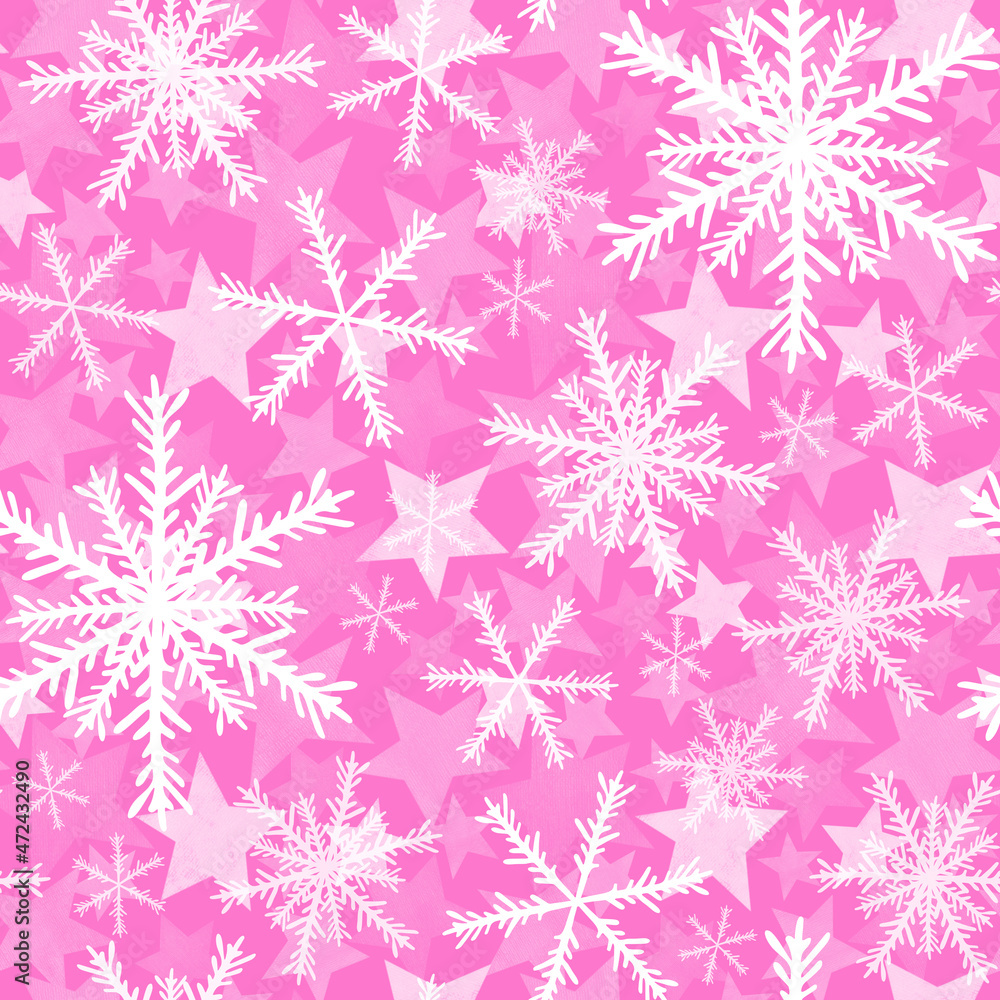 Stars and snowflakes on pink background, seamless Christmas pattern 