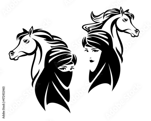 beautiful bedouin girl wearing traditional muslim head covering and arabian stallion head - black and white vector portrait of woman and horse