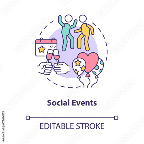 Social events concept icon. Participation in society by parties  holidays. Celebration with work team abstract idea thin line illustration. Vector isolated outline color drawing. Editable stroke