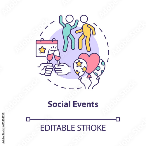Social events concept icon. Participation in society by parties, holidays. Celebration with work team abstract idea thin line illustration. Vector isolated outline color drawing. Editable stroke