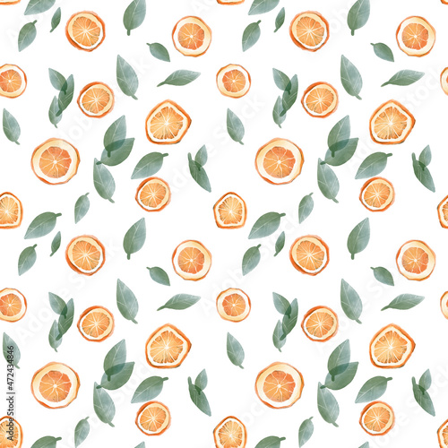Watercolor illustration. Seamless pattern with orange slices and leaves and fir-tree branches 