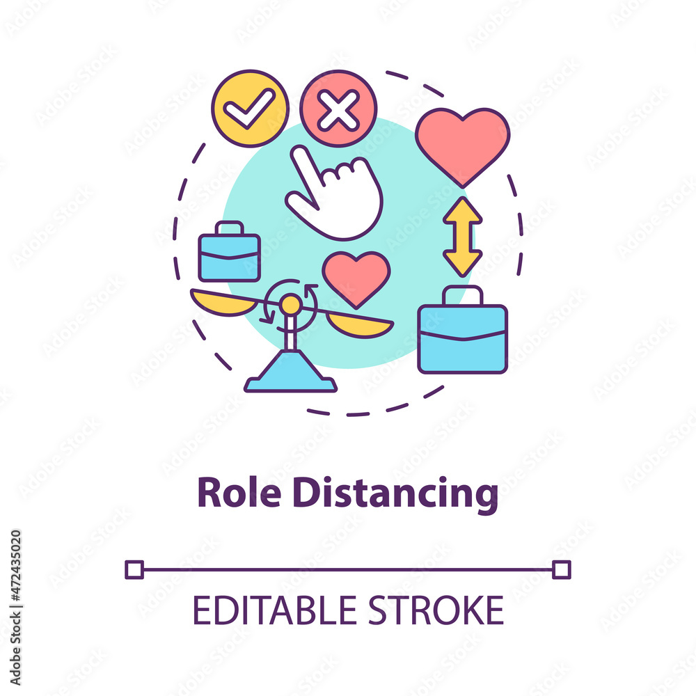 Role distancing concept icon. Practice another social role. Find new position in community abstract idea thin line illustration. Vector isolated outline color drawing. Editable stroke Role distancing concept icon. Practice another social role. Find new position in community abstract idea thin line illustration. Vector isolated outline color drawing. Editable stroke