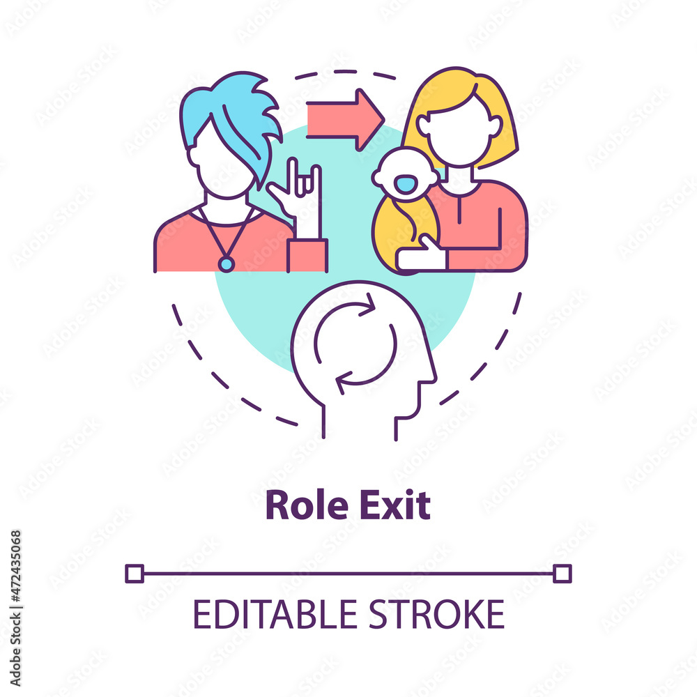 Role exit concept icon. Participation to another function in society. Change personal role activity abstract idea thin line illustration. Vector isolated outline color drawing. Editable stroke Role exit concept icon. Participation to another function in society. Change personal role activity abstract idea thin line illustration. Vector isolated outline color drawing. Editable stroke