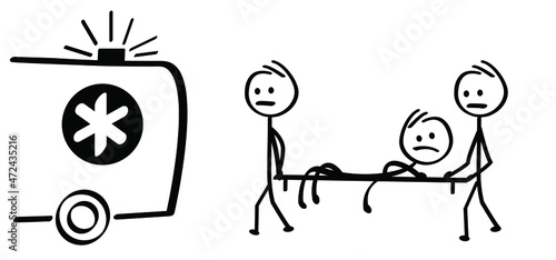 cartoon ambulance car. Drawing medical doctor icon or pictogram. Sick or ill stickman or stick figure man, woman on way to hospital. Helping people symbol.