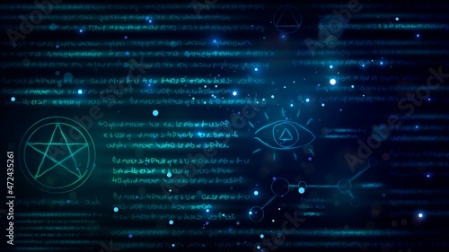 Dark background with sparks and glowing letters alchemy or witchcraft