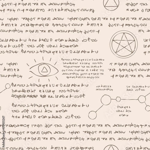 Seamless pattern with ancient writings of the alchemist or witch