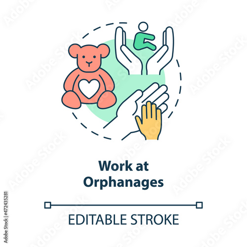 Work at orphanages concept icon. Volunteering help for kids. Support youth by donation, work abstract idea thin line illustration. Vector isolated outline color drawing. Editable stroke