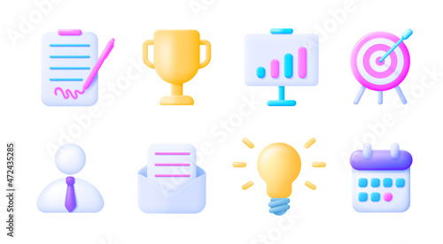 Business icons in 3d style on white background. Business strategy. Creative design. Winner award. Business icons, great design for any purposes. 3d vector illustration