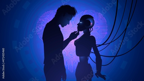 Silhouette of a pair of man and robot woman us against the background of blue light and heart. Cyber love concept