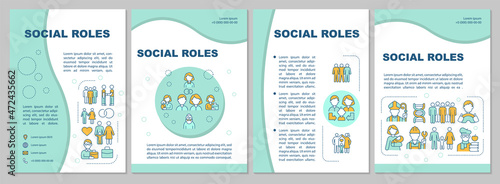 Social position blue brochure template. Person role at community. Flyer, booklet, leaflet print, cover design with linear icons. Vector layouts for presentation, annual reports, advertisement pages