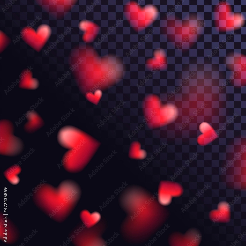 Falling red hearts on transparent background with blur effect Falling red hearts on transparent background with blur effect