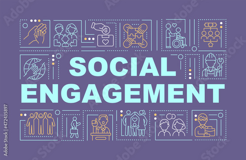 Social engagement purple word concepts banner. Community expectation. Infographics with linear icons on blue background. Isolated creative typography. Vector outline color illustration with text