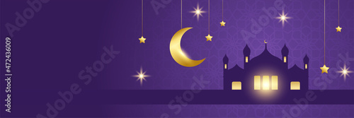 Islamic Ramadan Kareem banner background. Gold lantern, mandala pattern, mosque, moon and abstract luxury islamic elements background